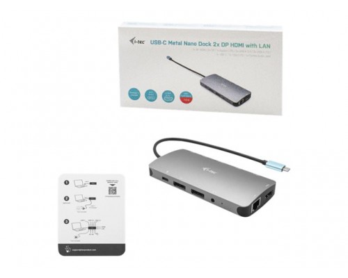 I-TEC USB-C Metal Nano Dock 2x DP 1x HDMI 1x GLAN 1x Audio/Mic 2 xUSB 3.1 2x USB 2.0 1x USB-C Data 1x USB-C 100W PD