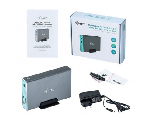 I-TEC USB-C 3.1/3.0 MySafe External Enclosure for 2x 6.5cm 2.5inch SATA HDD/SSD RAID 0/1/JBOD USB-C G.2 up to 10Gbs Alucase