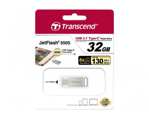 TRANSCEND JetFlash 850S 32GB USB 3&period;1 Flash Drive Type-C OTG &lpar;On-the-Go&rpar; Zilver
