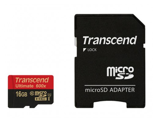 TRANSCEND Flash Micro SDHC 16GB UHS-1 600X Class 10 &plus; 1 adapter - Write up to 46MB&sol;s &lpar;600X&rpar; Read up to 87MB&sol;s