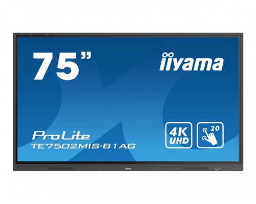 IIYAMA TE7502MIS-B1AG 75inch UHD VA 20 Points Touch Landscape mode AG 5000:1 350cd/m2 VGA 2xHDMI Audio Out LAN DP RS232C iiWare8