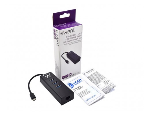 EWENT USB-C 3.2 Gen1 Hub 3 port with Gigabit network port