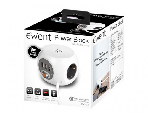 EWENT Power block 3 USB charging ports 3 German outlets white 3m