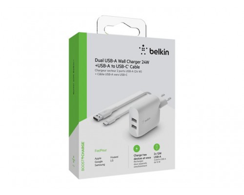 BELKIN Dual USB-A Wall Charger w/ 1M PVC A-C 24W WHT