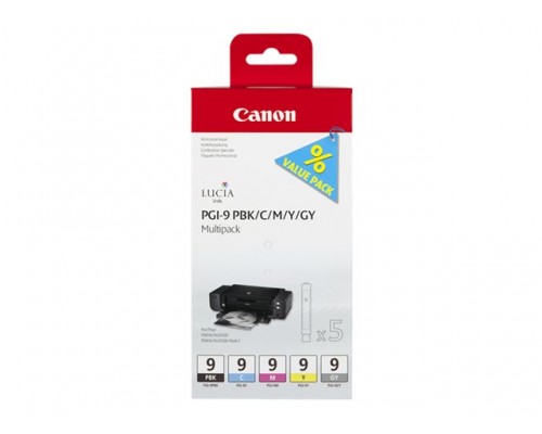 CANON PGI-9 PBK&comma; C&comma; M&comma; Y&comma; GY inktcartridge zwart en vier kleuren standard capacity combopack blister met alarm