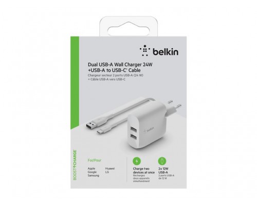 BELKIN Dual USB-A Wall Charger w/ 1M PVC A-C 24W WHT