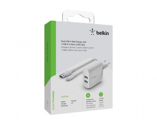 BELKIN Dual USB-A Wall Charger w/ 1M PVC A-mUSB 24W WHT